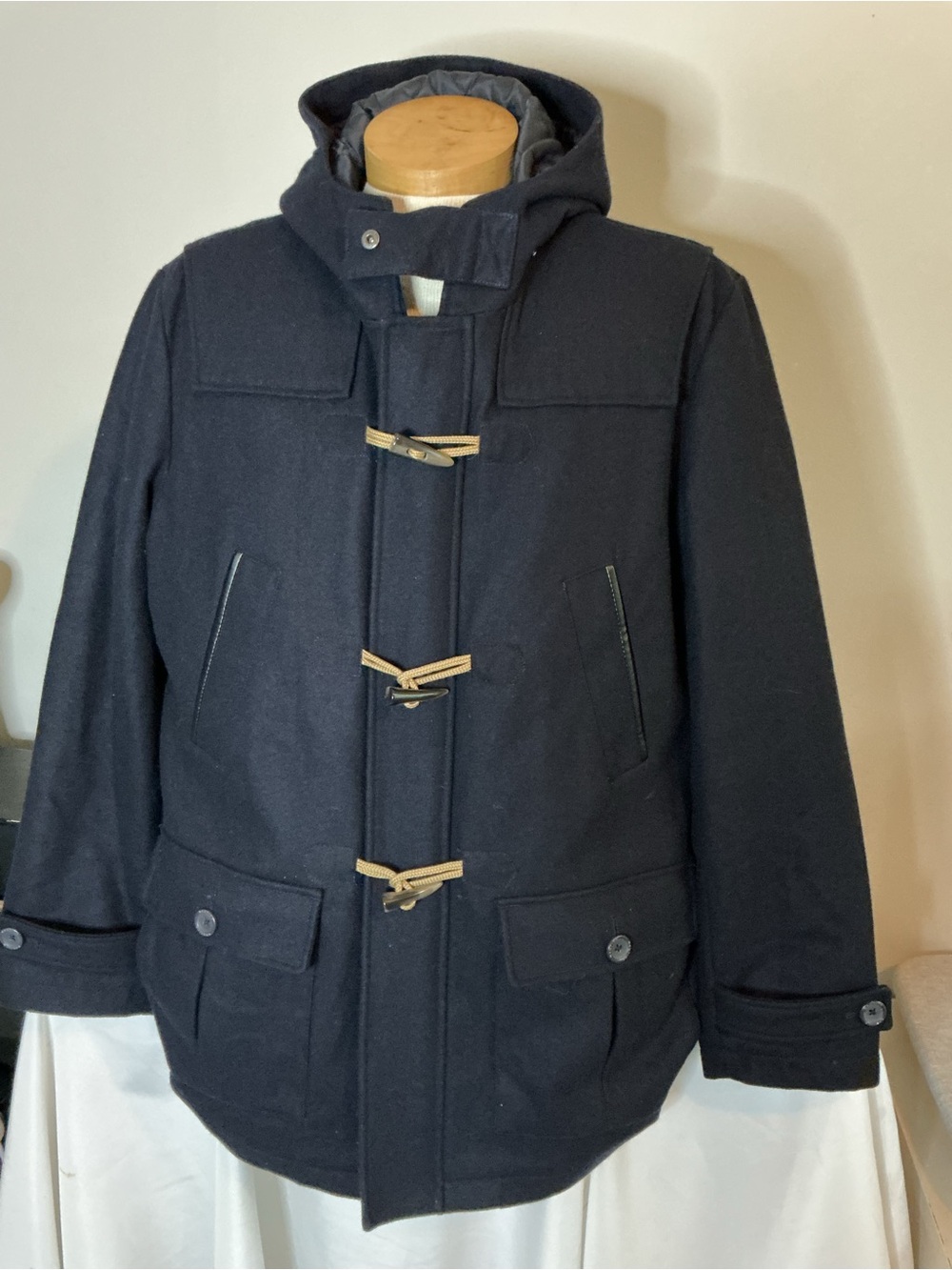 Nautica Navy Hooded Wool Blend Toggle Pea Coat